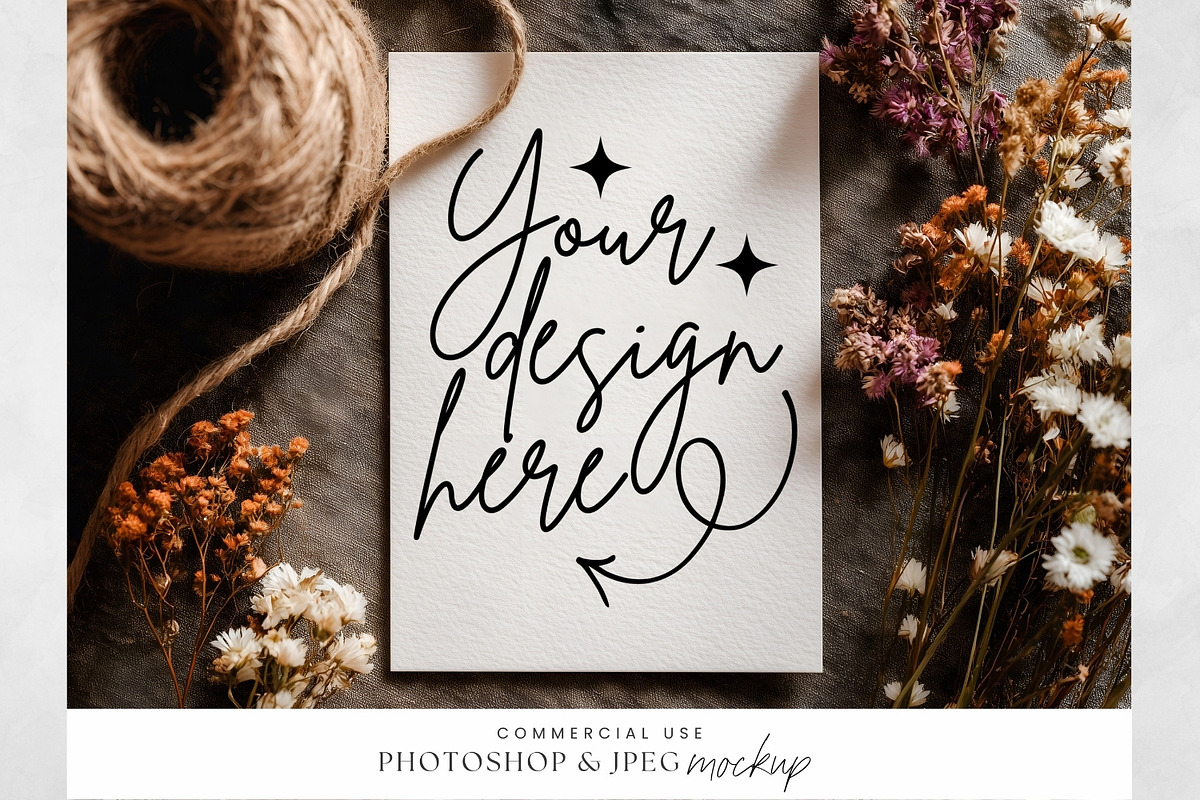 Dark Linen Dried Flower Card Mockup, an Advertising Mockup by illuztrate (Photo 1 of 2)