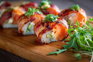 Sushi on a wooden board, a Photo by Beautiful things