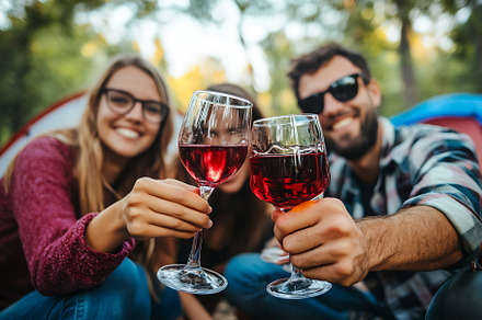 Friends enjoying wine at a campsite, a Person Photo by Beautiful things