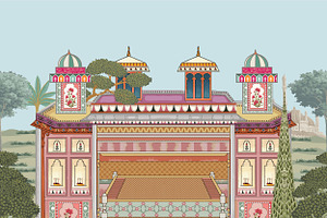Mughal Miniature Palace Artwork, a Decorative Illustration by Mughal Wallpaper