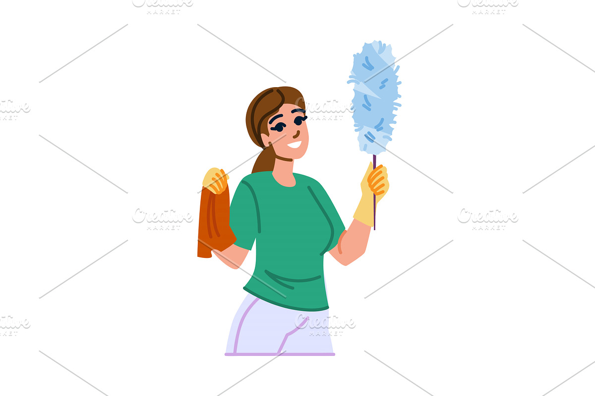 Cleaning lady holding duster and rag, a Person Illustration by pikepicture