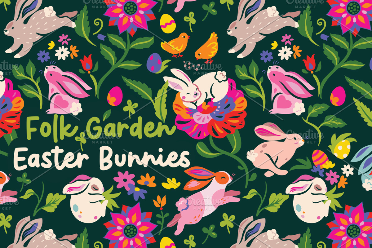 Folk Garden Easter Bunnies, a Pattern Graphic by PenguinHouse (Photo 1 of 6)