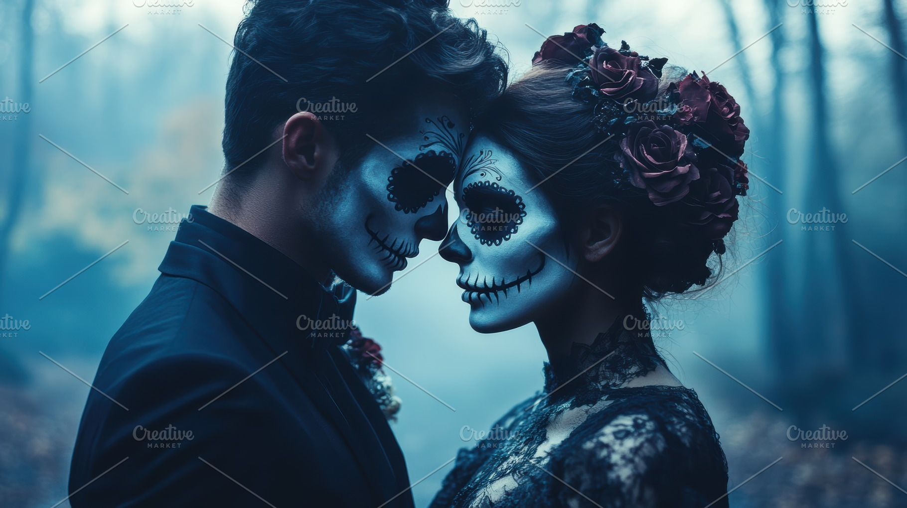 Gothic couple with Dia de los Muertos makeup, standing close together in a dark, a Holiday Photo by Mashimara