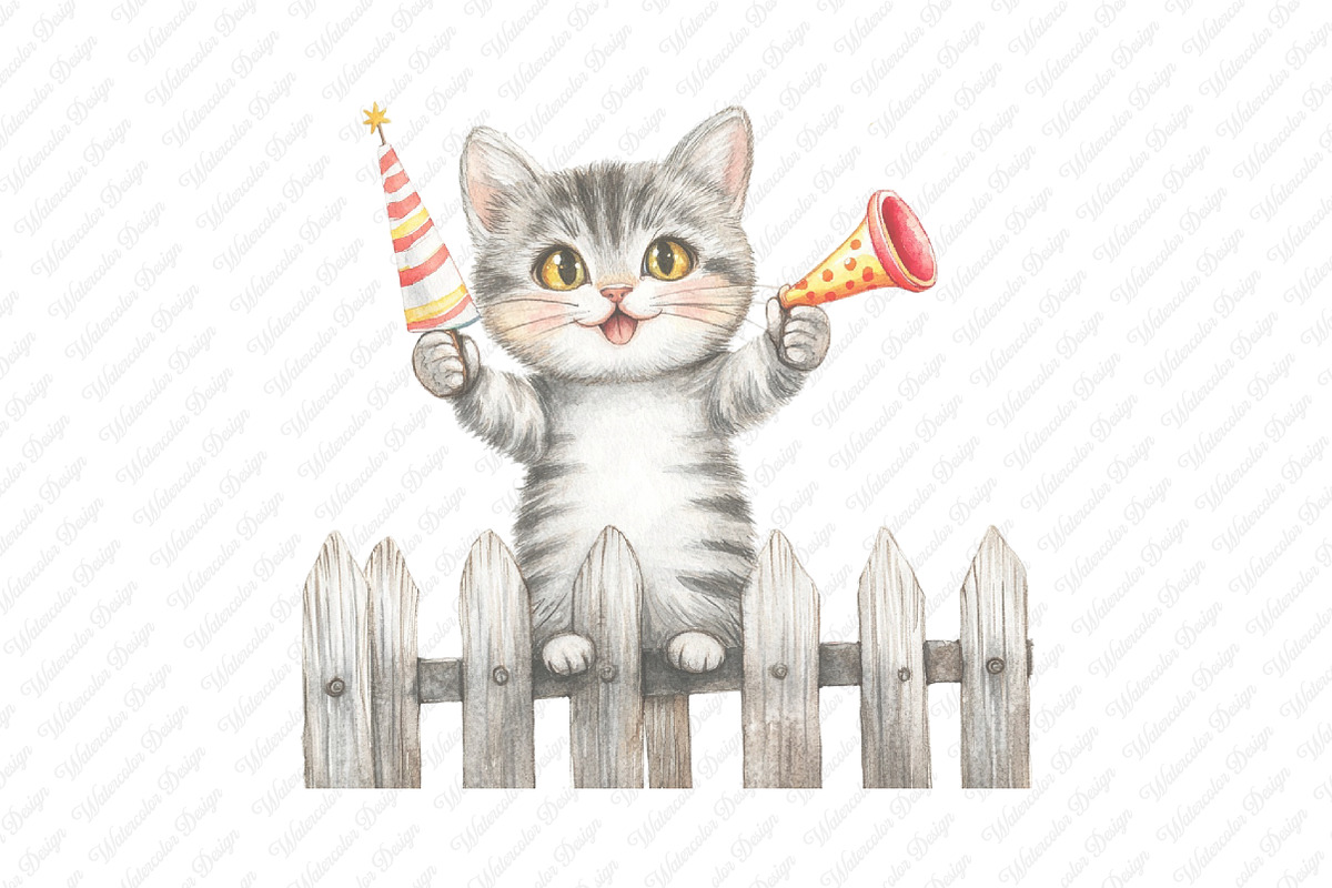 Watercolor Funny Cats on Fence PNG, an Illustration by Watercolor design (Photo 12 of 12)