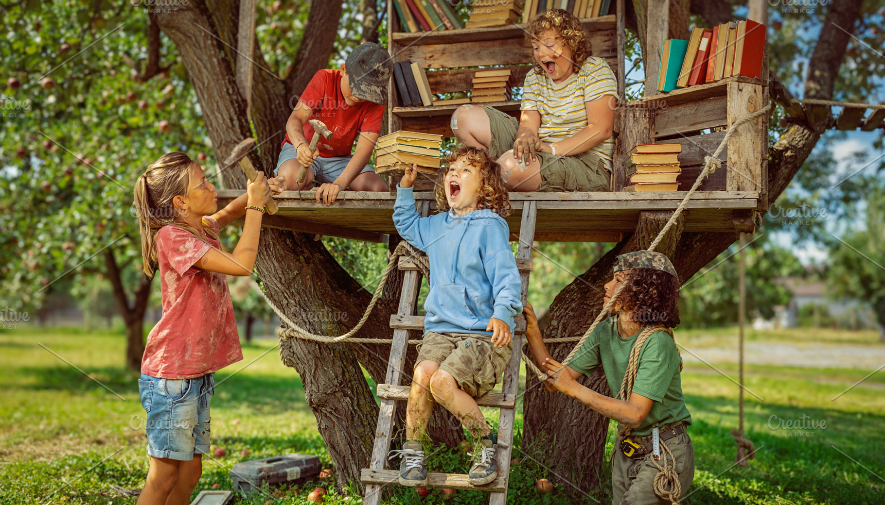 Children playing together around a treehouse in the woods, a Person Photo by DanFLCreativo