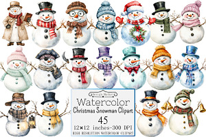 Watercolor Christmas Snowman Clipart, a Seasonal Illustration by Design Market