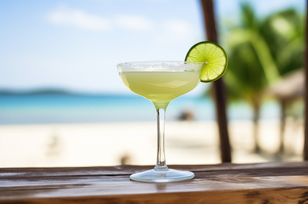 Glass of margarita cocktail on wooden bar table, a Food & Drink Photo by AlyaAnd