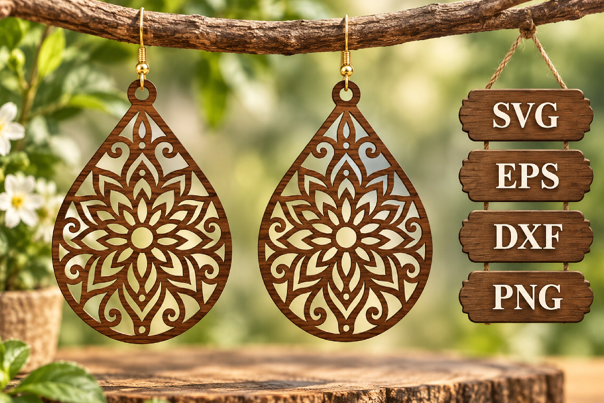 Mandala Floral Earring Wood SVG, an Object Graphic by Libby Wishes (Photo 1 of 3)