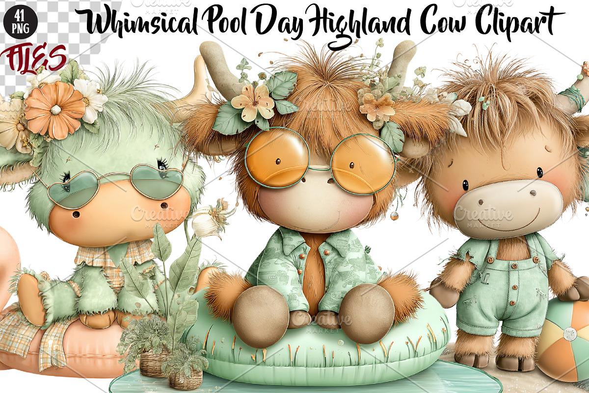 Pool Day Highland Cow Clipart, a Seasonal Illustration by CreationArt (Photo 1 of 5)
