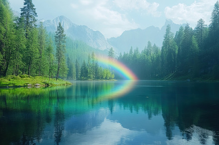 Rainbow arcs over serene lake amidst, a Photo by Iftikhar Alam