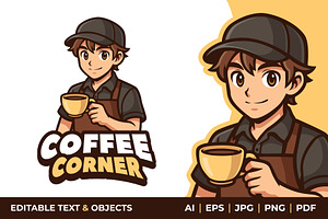 Barista Boy Coffee Shop Mascot Logo, a Branding & Logo Template by Akito Studio
