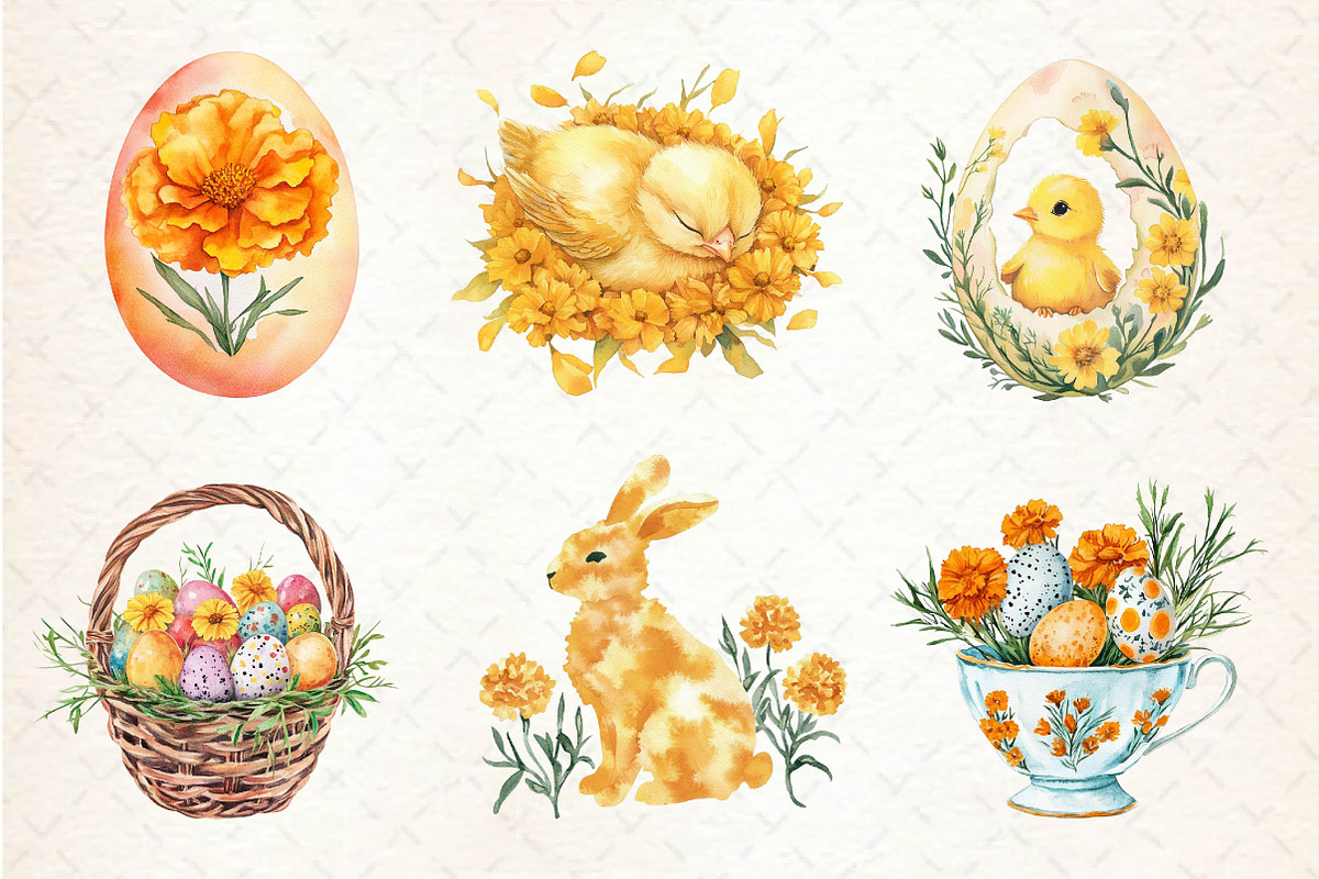 Watercolor Marigold Easter Clipart, an Illustration by Dream Creation (Photo 4 of 6)