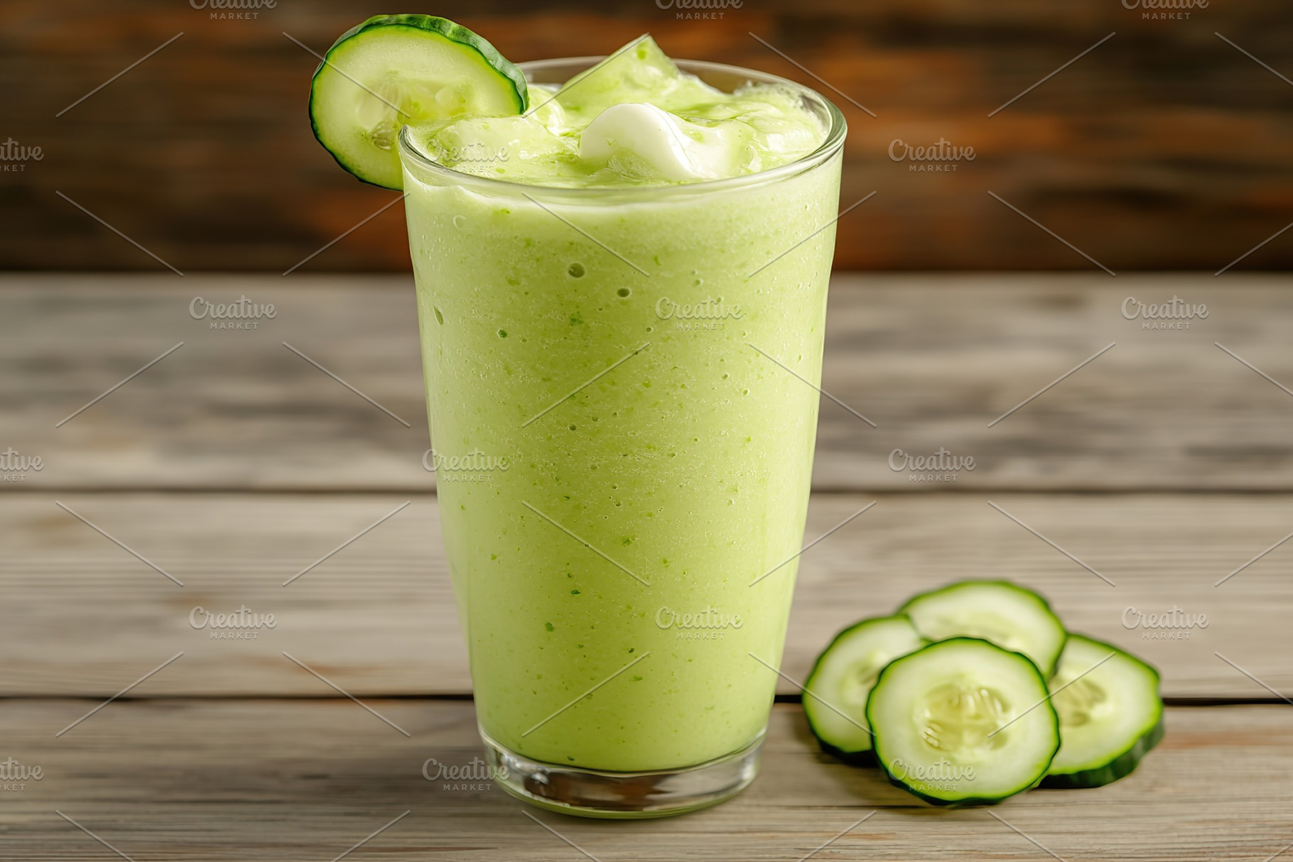 Refreshing detox green smoothie with fresh cucumber slices served on a wooden t, a Food & Drink Photo by AlyaAnd