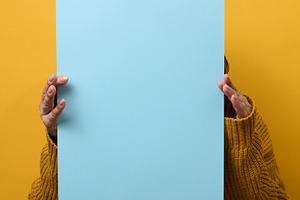 woman in an orange sweater holds a blank sheet of paper on a yel, a Person Photo by ndanko