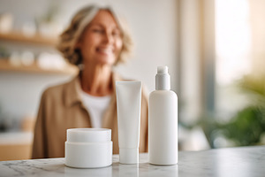 Elegant skincare mockup featuring minimalist products with a smiling woman in t, a Beauty & Fashion Photo by AlyaAnd