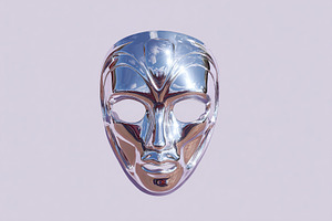 Shiny metallic mask with intricate details displayed on a soft purple backgroun, a Photo by AlyaAnd