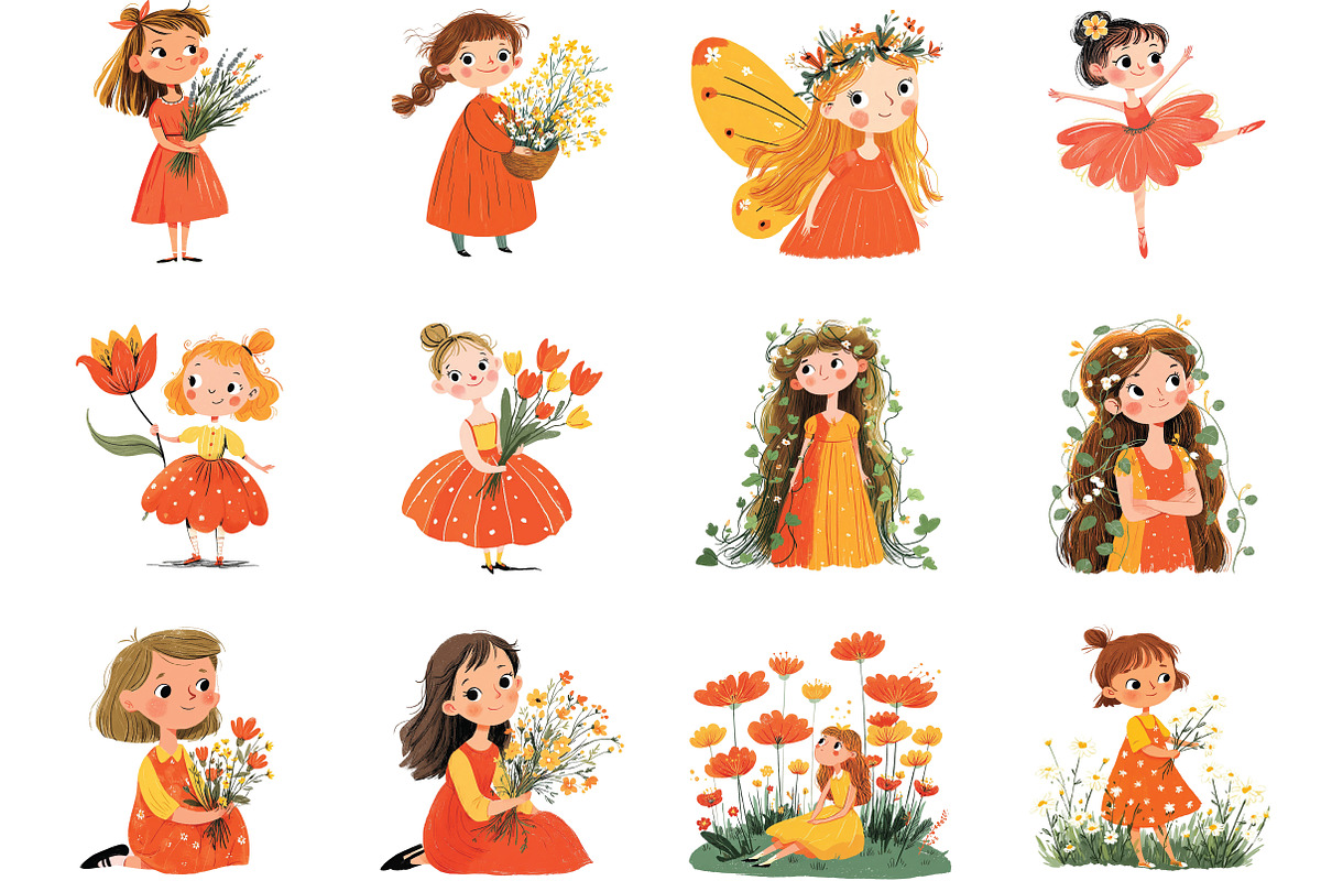 whimsical flowers and girls clipart, an Illustration by CraftArtStudio (Photo 3 of 6)