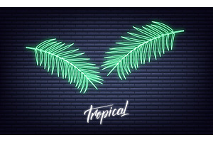 Tropical neon palm leaves. Glowing sign of coconut palm exotic leaves