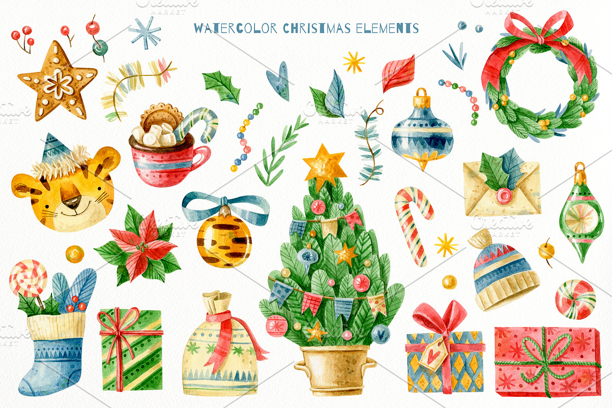 Christmas tigers. New Year cute set., an Animal Illustration by babenkoirusa (Photo 3 of 17)