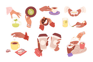 Hands holding cups of tea and coffee, a Food Illustration by Good Studio