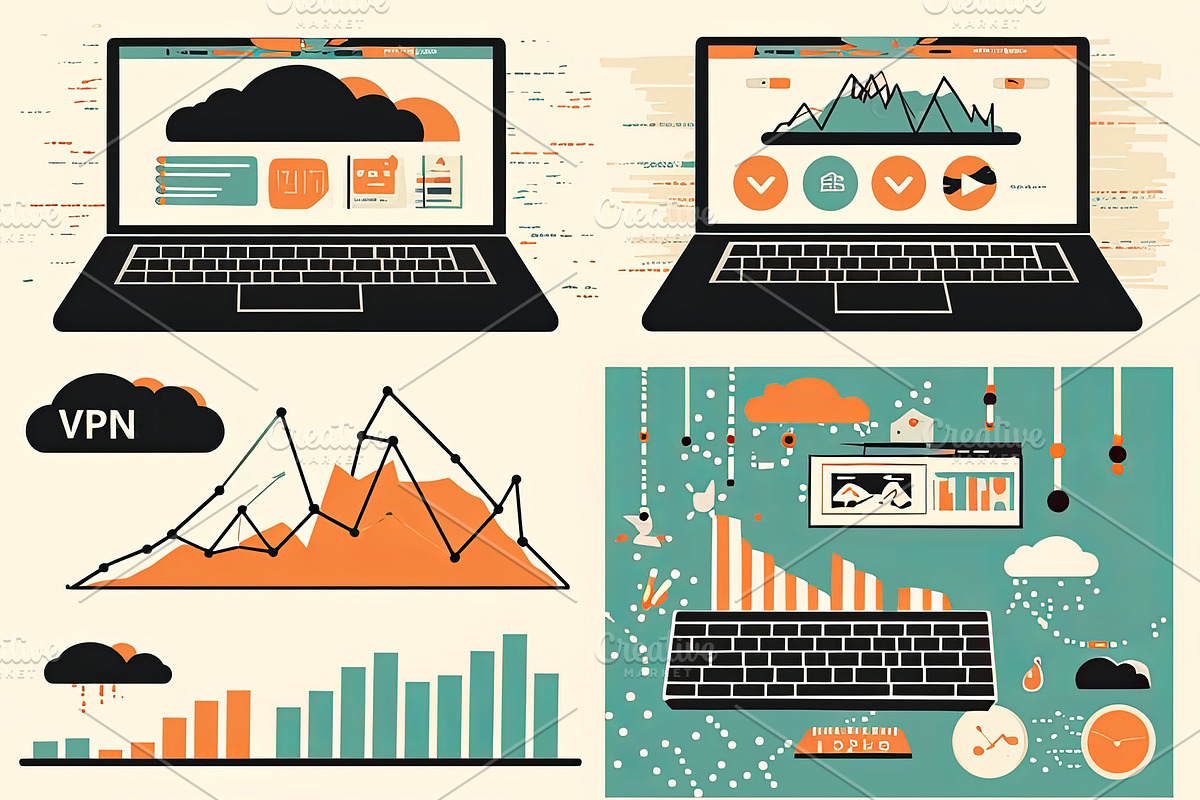 Modern vector illustration of business graphs on digital devices with VPN prote, an Illustration by AS photostudio