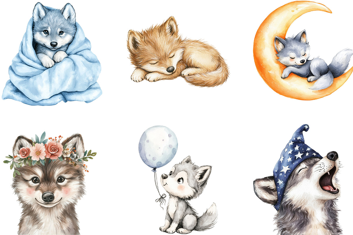 Watercolor Cute Baby Wolf Clipart, an Animal Illustration by cherrydesign (Photo 2 of 3)