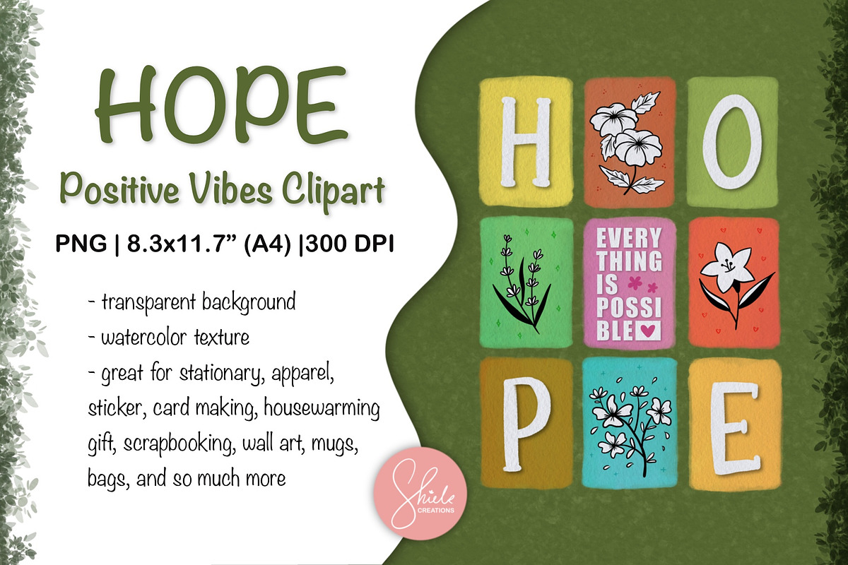 HOPE - Positive Vibes PNG Clipart, a Decorative Illustration by shielscreations (Photo 1 of 15)