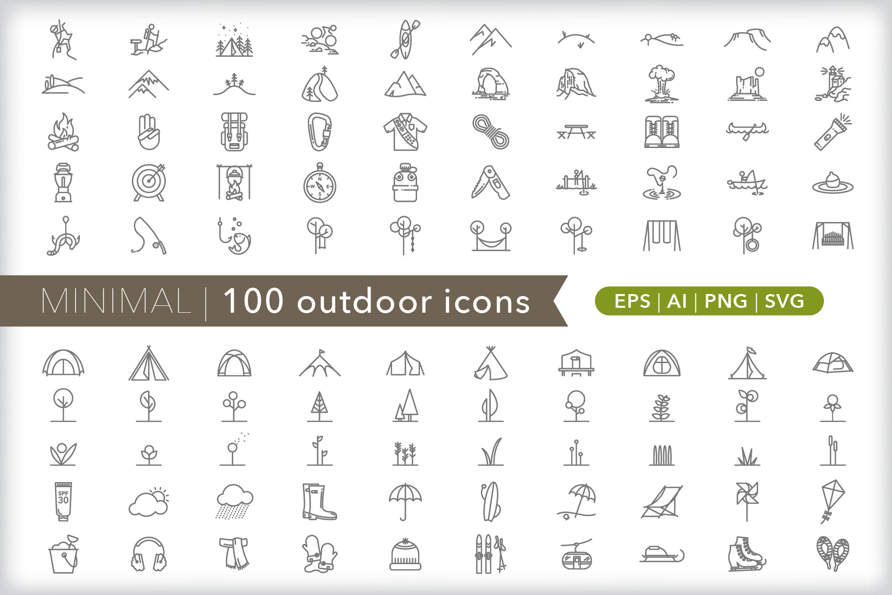 100 outdoor icons set | Creative Market