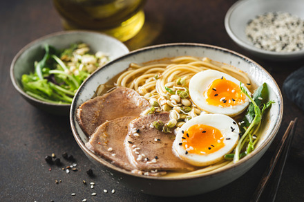 Ramen noodles soup bowl with egg, a Food & Drink Photo by The baking man