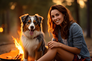 Portrait of Australian Shepherd dog with woman sitting in forest near bonfire, an Animal Photo by Lenor4ik