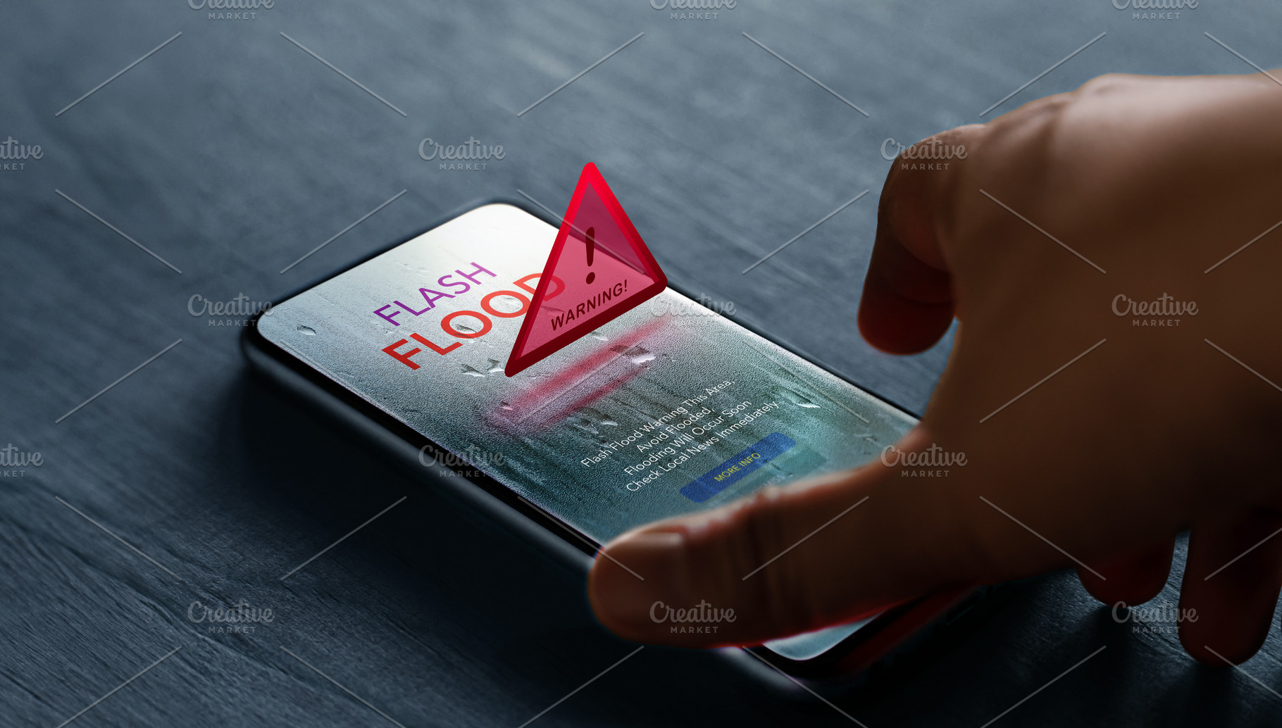 Smartphone shows flash flood alert, Climate change, Technology f, a Photo by salmon.black