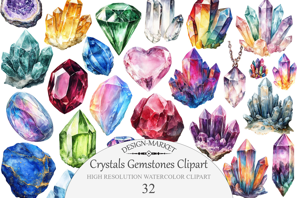Watercolor Crystals Gemstones Clipar, an Illustration by Design Market (Photo 1 of 4)
