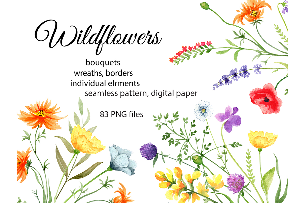 Watercolor Wildflowers clipart, a Decorative Illustration by Lemon design (Photo 1 of 21)