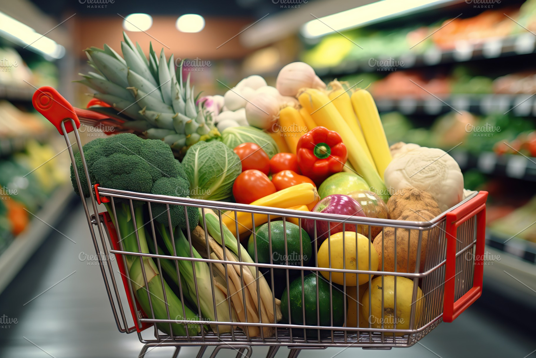 Fresh delicious vegetables in shopping cart in the market, a Food & Drink Photo by AlyaAnd