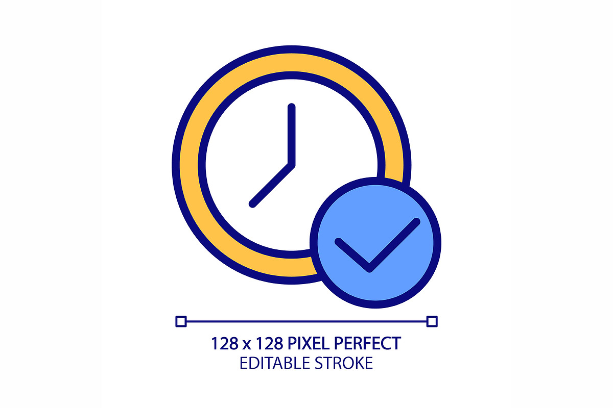 Clock with check mark pixel perfect, an Outline Icon by IMG Visuals