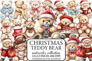 Watercolor Christmas Teddy Bear Clip, an Illustration by Libby Wishes