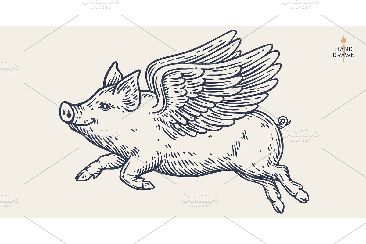 Fly piggly, pig, piglet with wings, a Food Illustration by Foxys Graphic