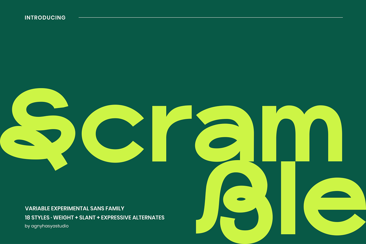 Scramble - Experimental Sans Family, a Sans Serif Font by agnyhasyastudio (Photo 1 of 18)