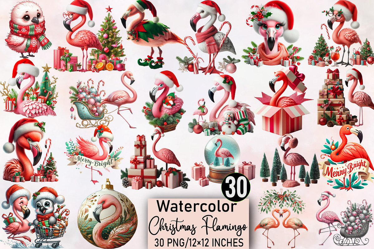 Watercolor Christmas Flamingo Clipar, an Illustration by SVGArt (Photo 1 of 8)