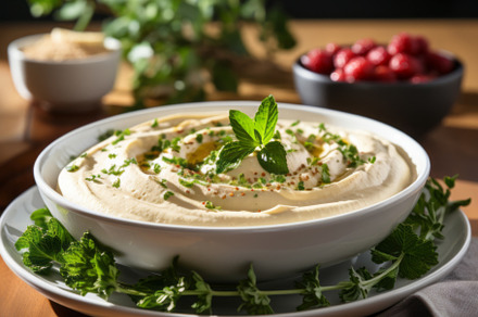 Healthy Homemade Creamy Hummus with Olive Oil and Pita Chips, a Food & Drink Photo by Natalia Klenova's Shop