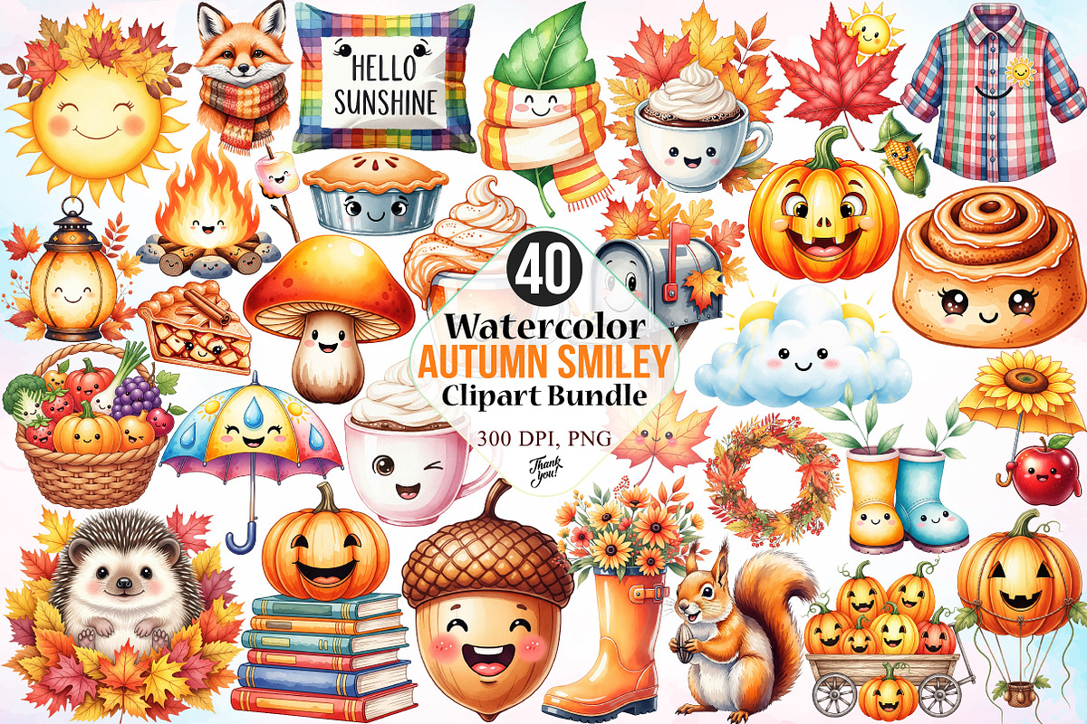 Watercolor Autumn Smiley Clipart PNG, a Seasonal Illustration by Canvas Craft (Photo 1 of 9)