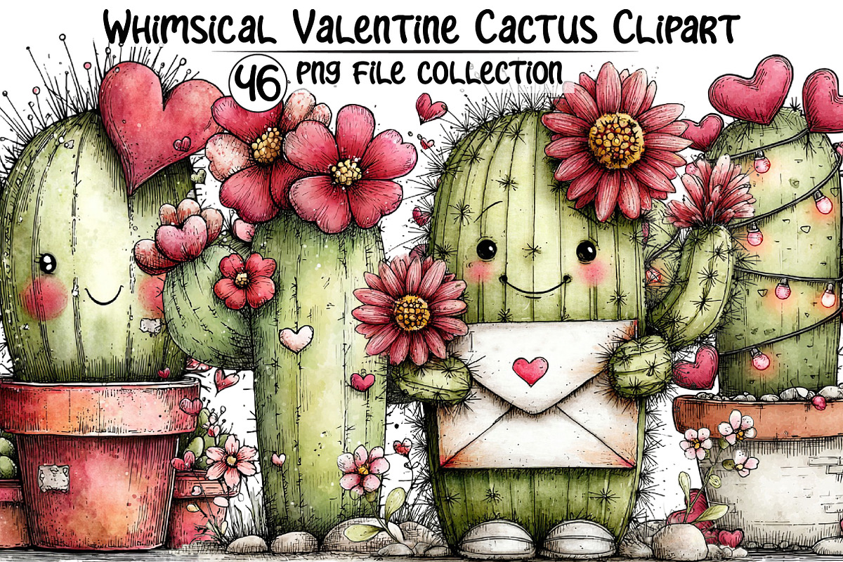 Whimsical Cactus Valentine's Clipart, an Illustration by Dream Creation (Photo 1 of 6)