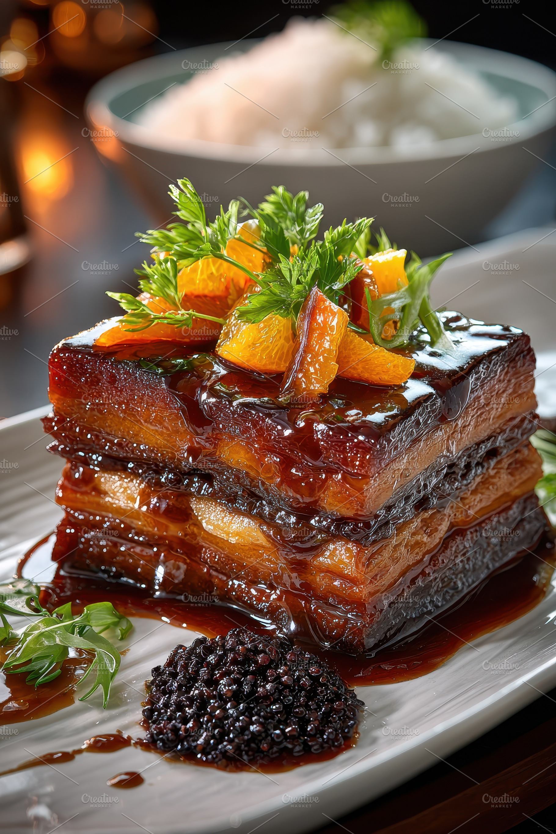Delicious Glazed Pork Belly with Ora, a Photo by Pixeness Studio
