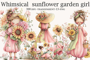 Whimsical sunflower garden girl, an Illustration by Designworld