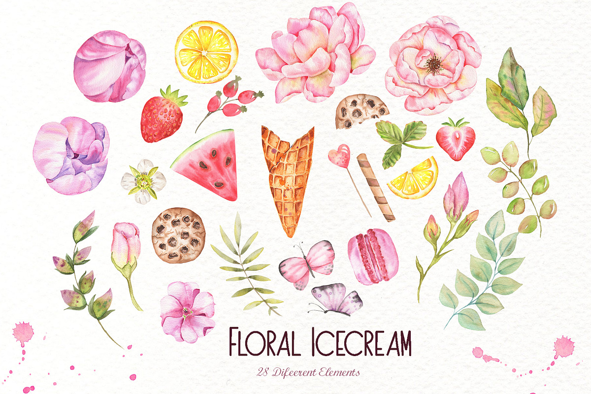 Floral Icecream Watercolor Set, an Illustration by TanataDesign (Photo 8 of 13)