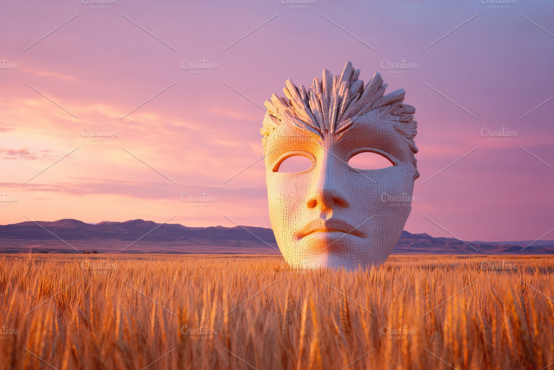 Large white sculpture of a woman's face surrounded by golden wheat under a colo, a Photo by AlyaAnd