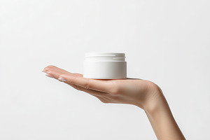 Female model hand holding cosmetic jar on white background, a Beauty & Fashion Photo by AlyaAnd