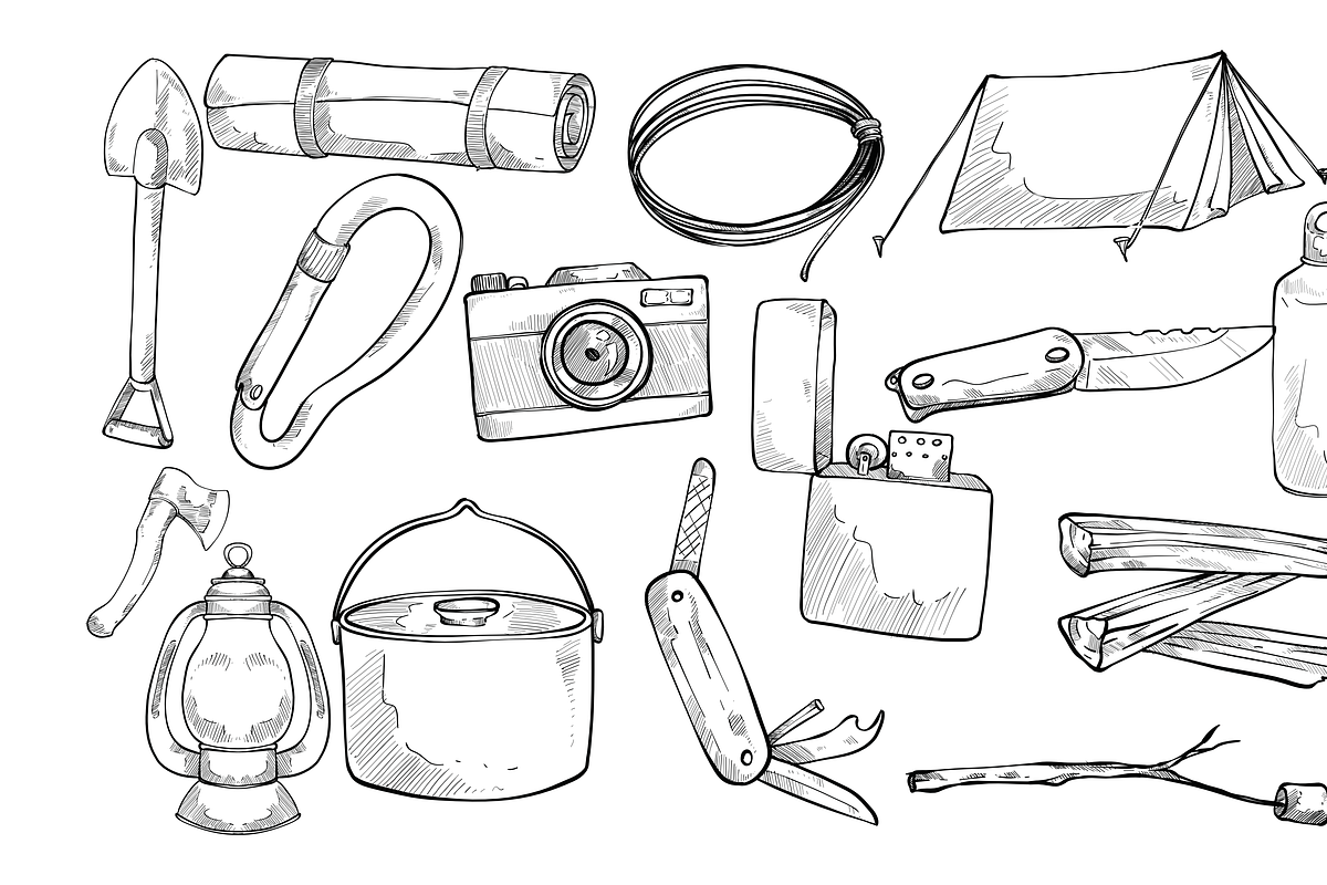 hiking theme handdrawn collection, an Object Graphic by nikagraphic