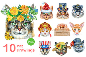 Watercolor cats. Set 6