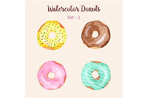 4 Hand painted watercolor donuts